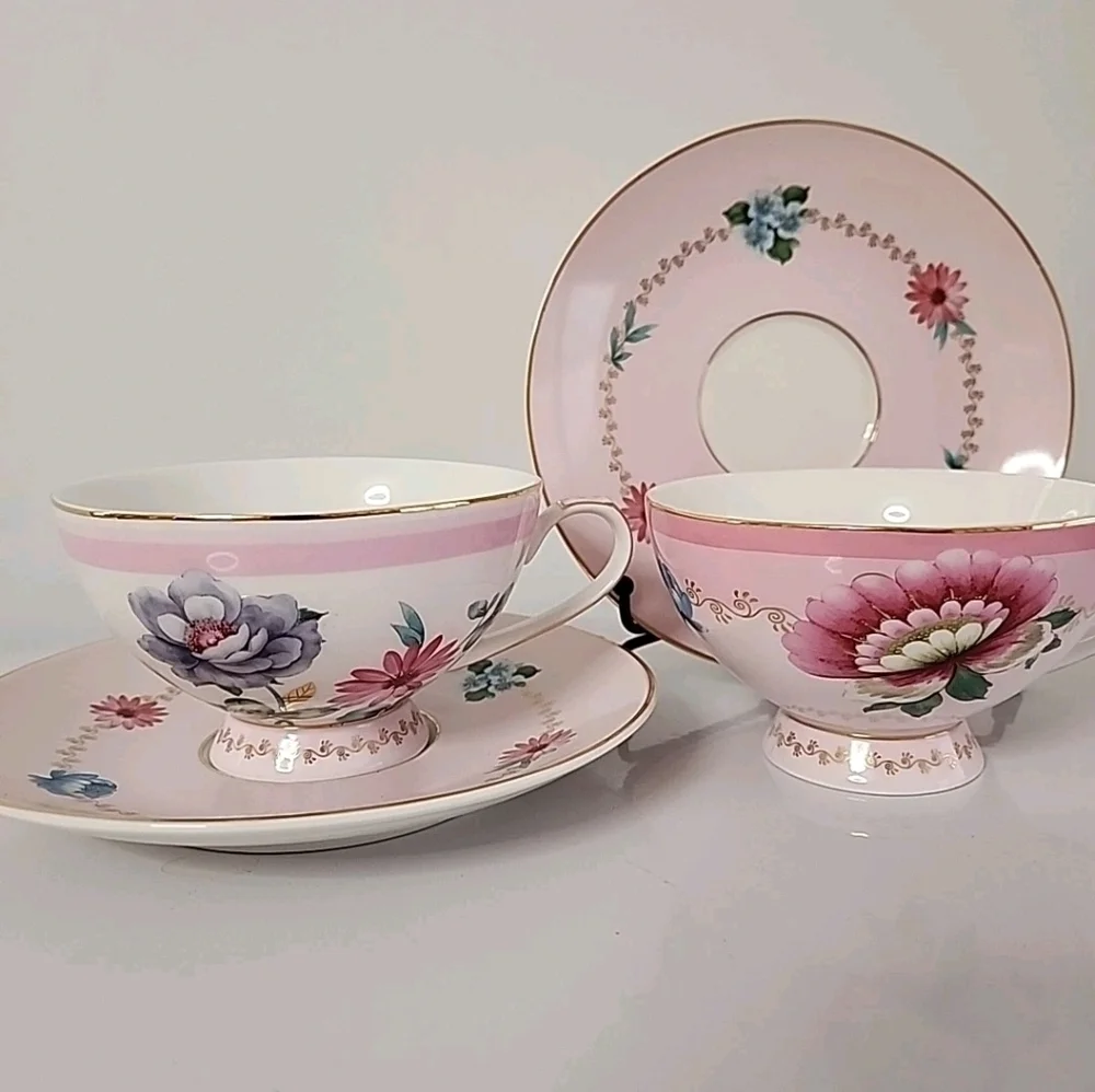 Grace Teaware Pink Floral Tea Cup Saucer Set 2 Cottagecore Gold Gilt Tea Party